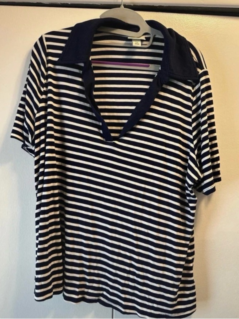 Ava & Viv Navy White Striped Ribbed Polo Top